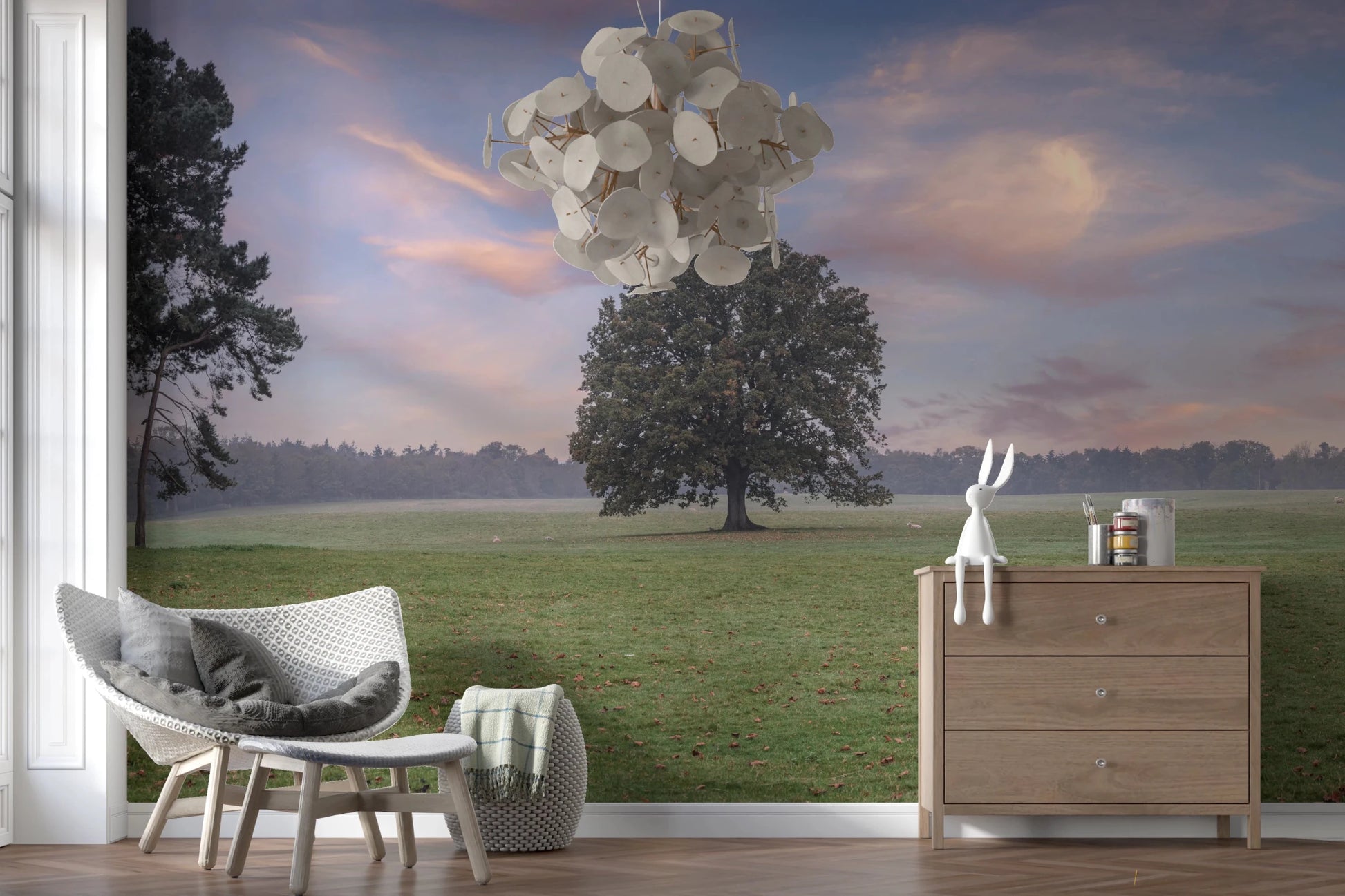 Photographic Tranquil Sunrise Field Wall Mural with wispy clouds