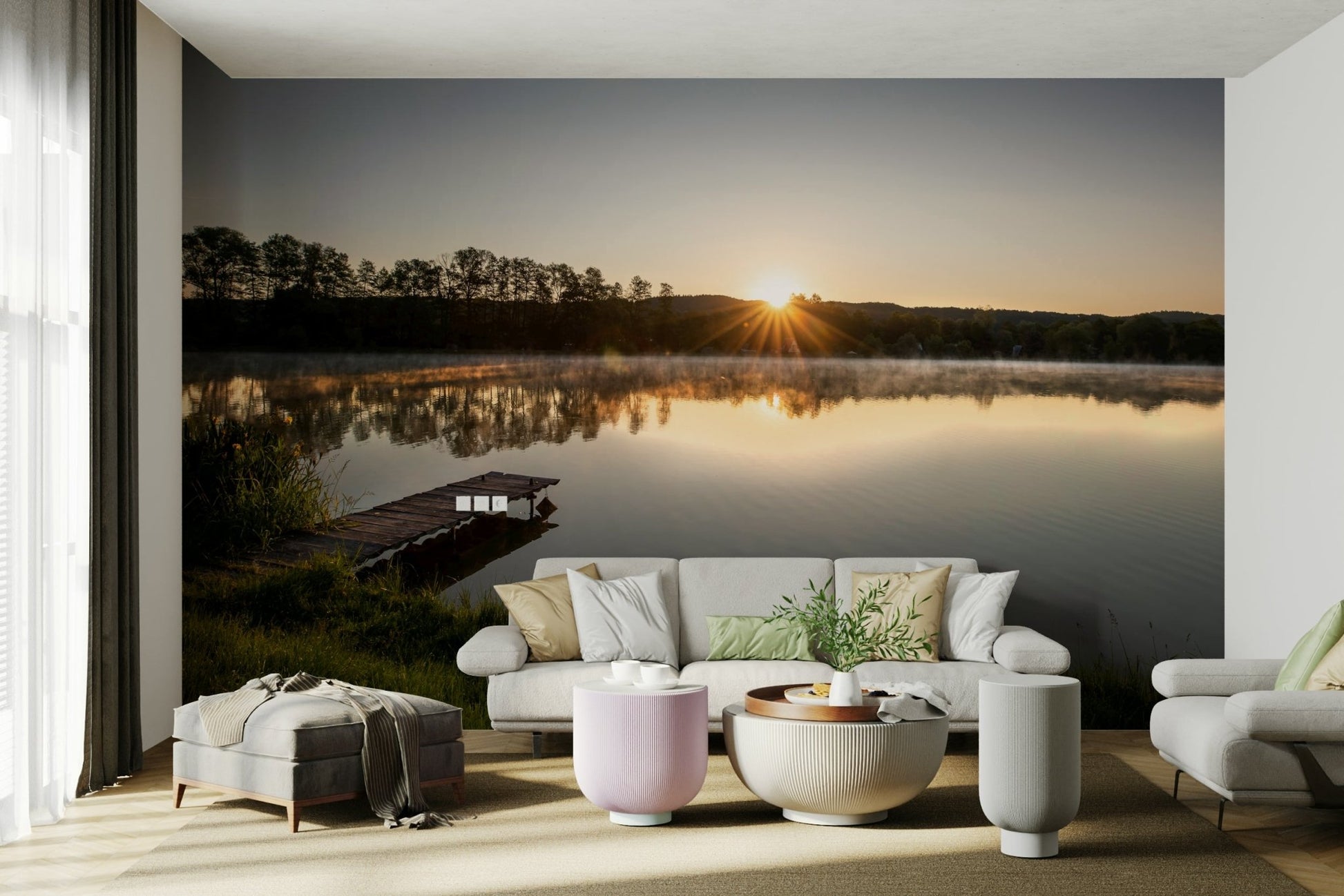 Tranquil Sunrise Reflection Over Serene Lake Wall Mural