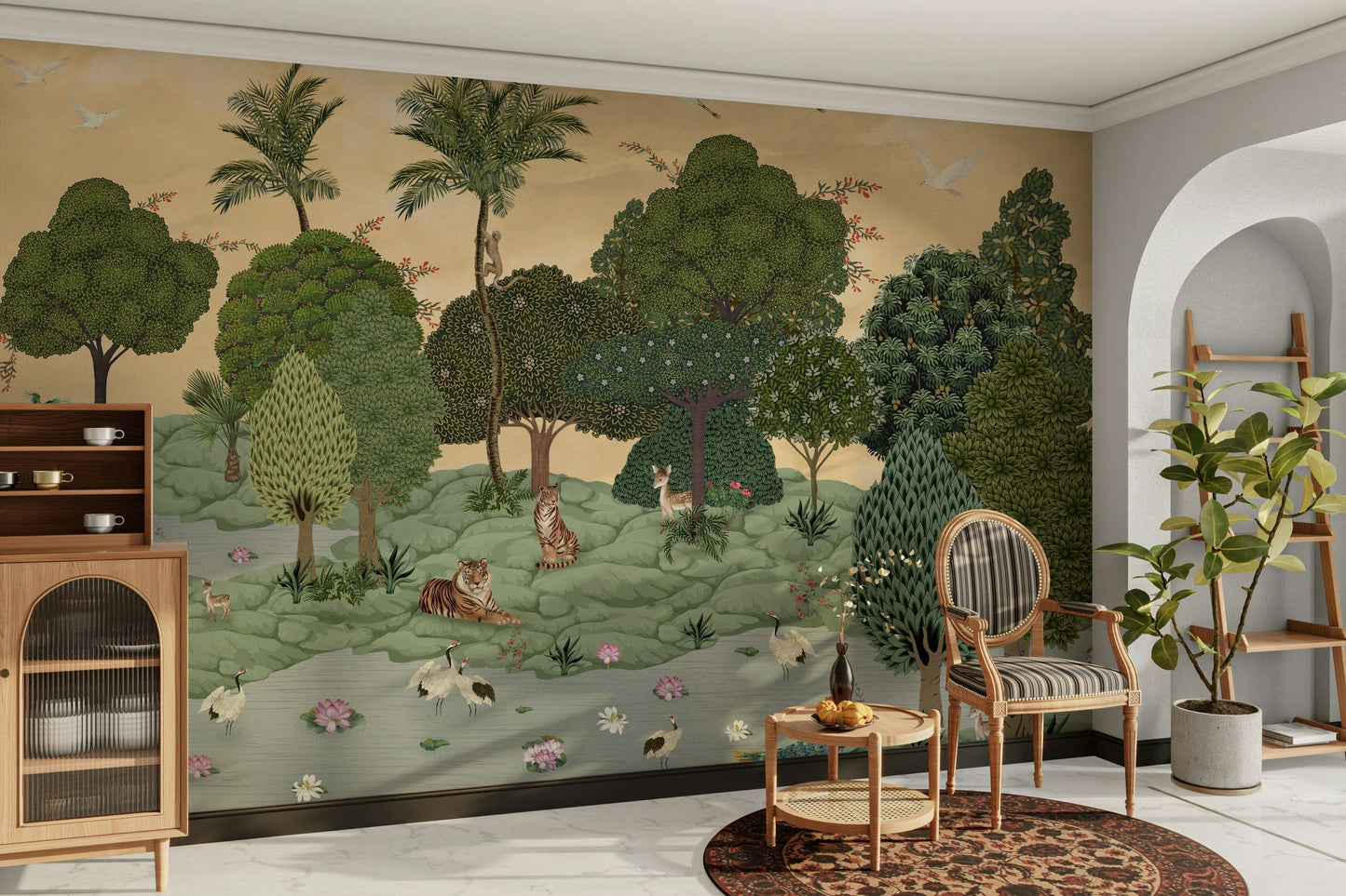 A peaceful wall mural with a tranquil tiger scene.

