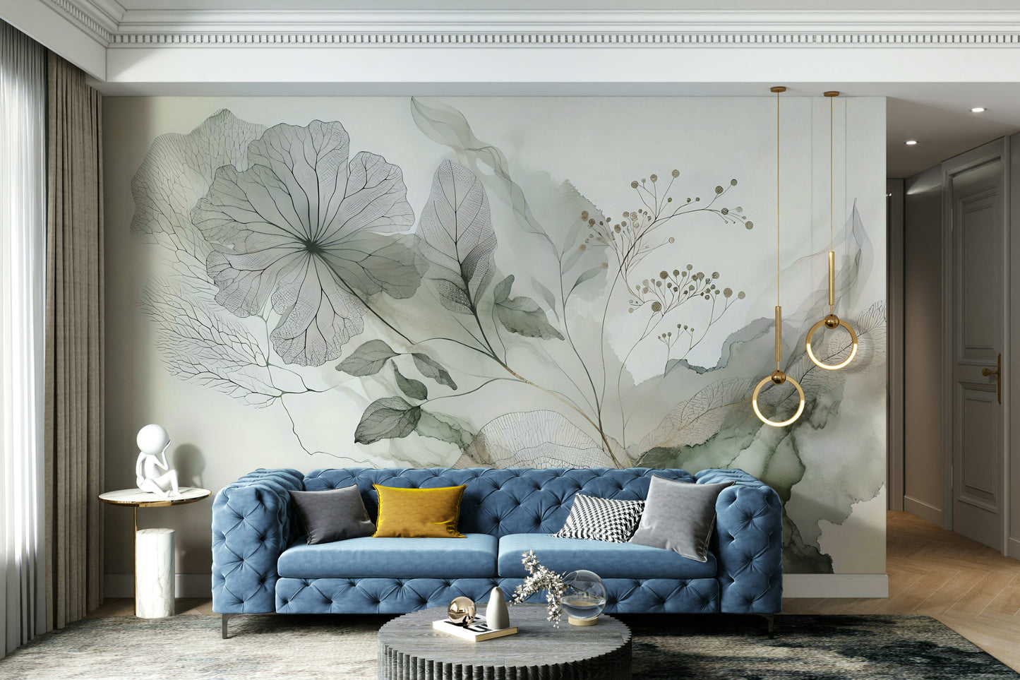 Subtle color wash wallpaper in a contemporary dining room with minimalist seating.