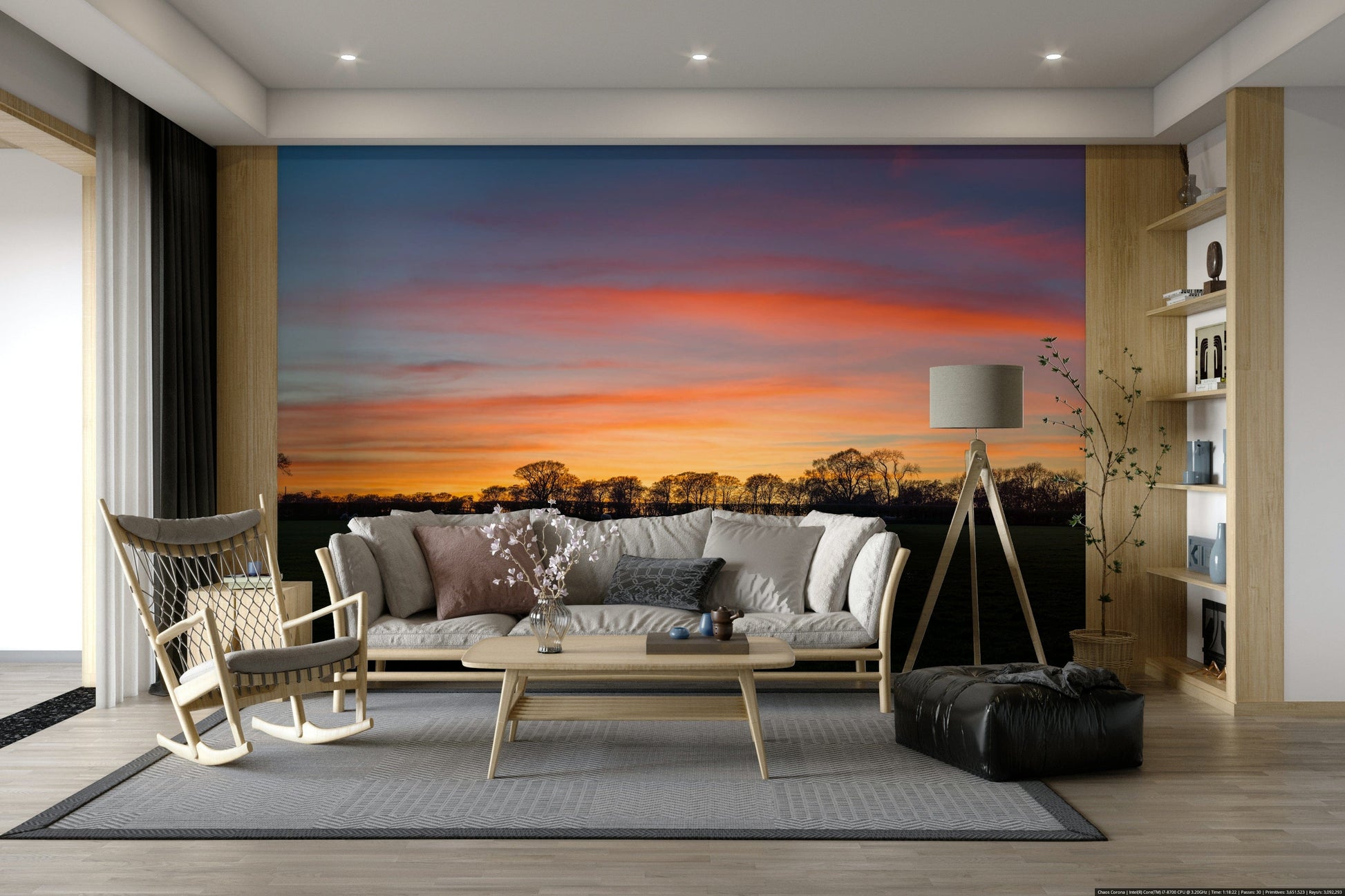 Serenity in Shadows wallpaper mural of a blue and orange sunset behind a cream sofa and floor lamp in a living room
