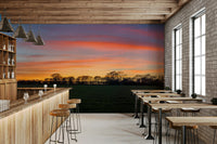 Serenity in Shadows wallpaper mural with sunset field and tree silhouettes behind a wood bar and stools in a cafe