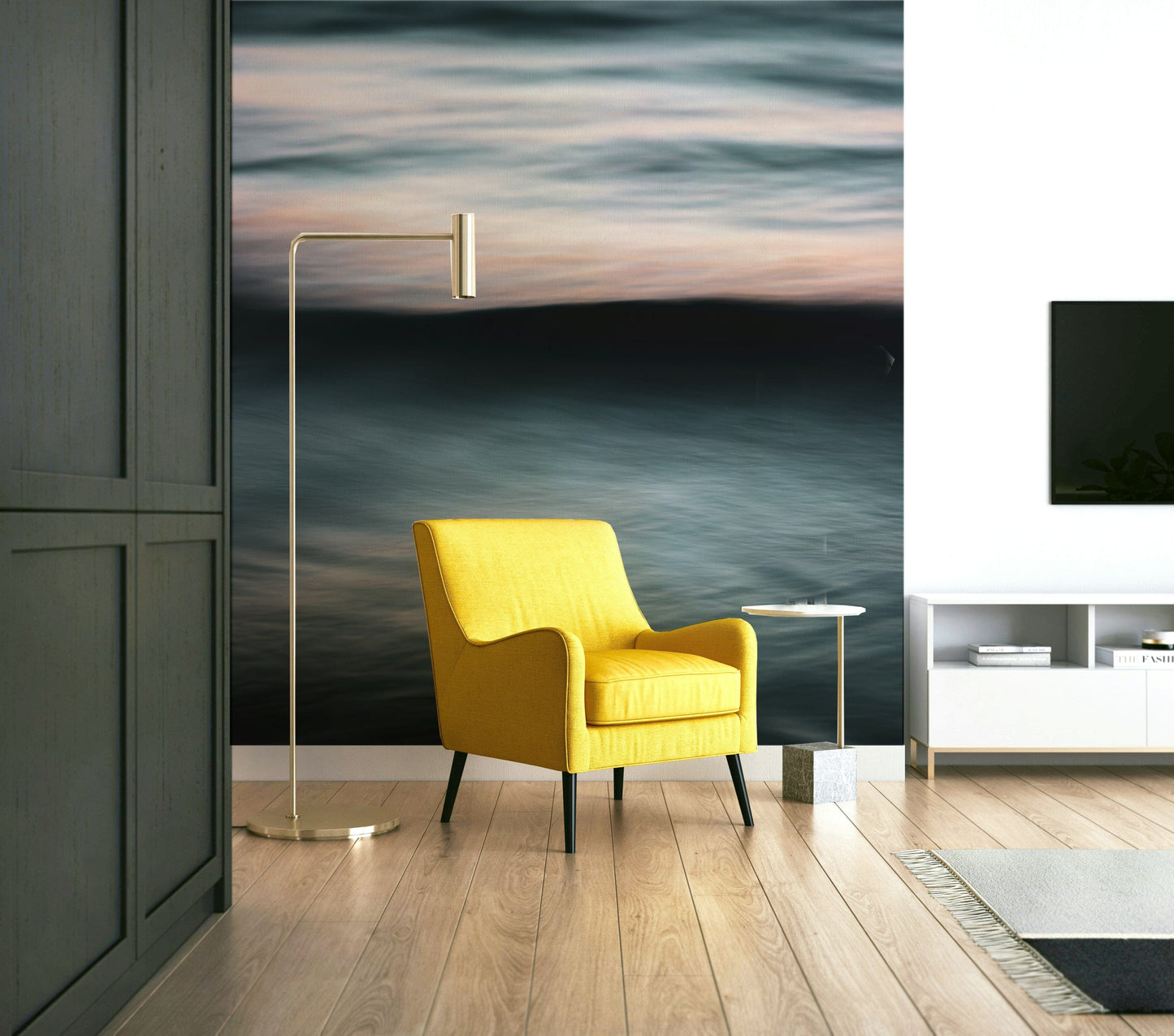 A high-angle view of the wall mural in a large space.

