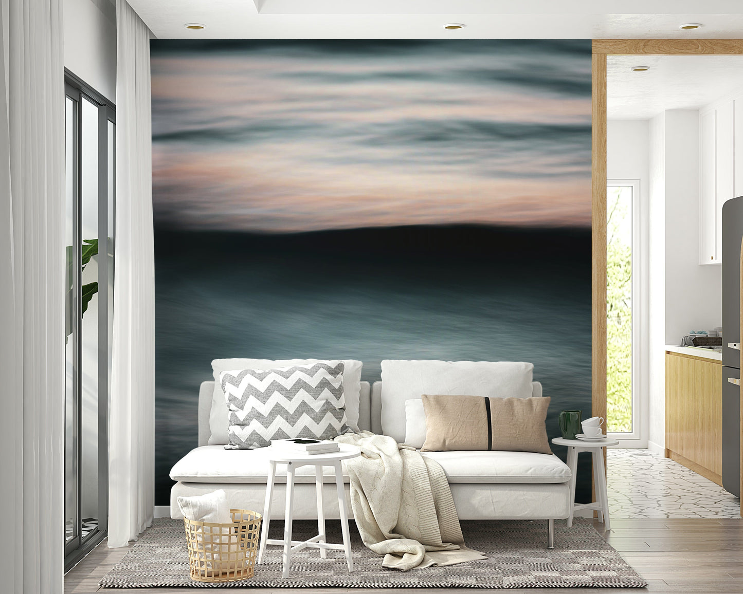 A minimalist home office with the abstract wave wallpaper.

