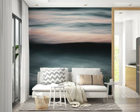 A minimalist home office with the abstract wave wallpaper.


