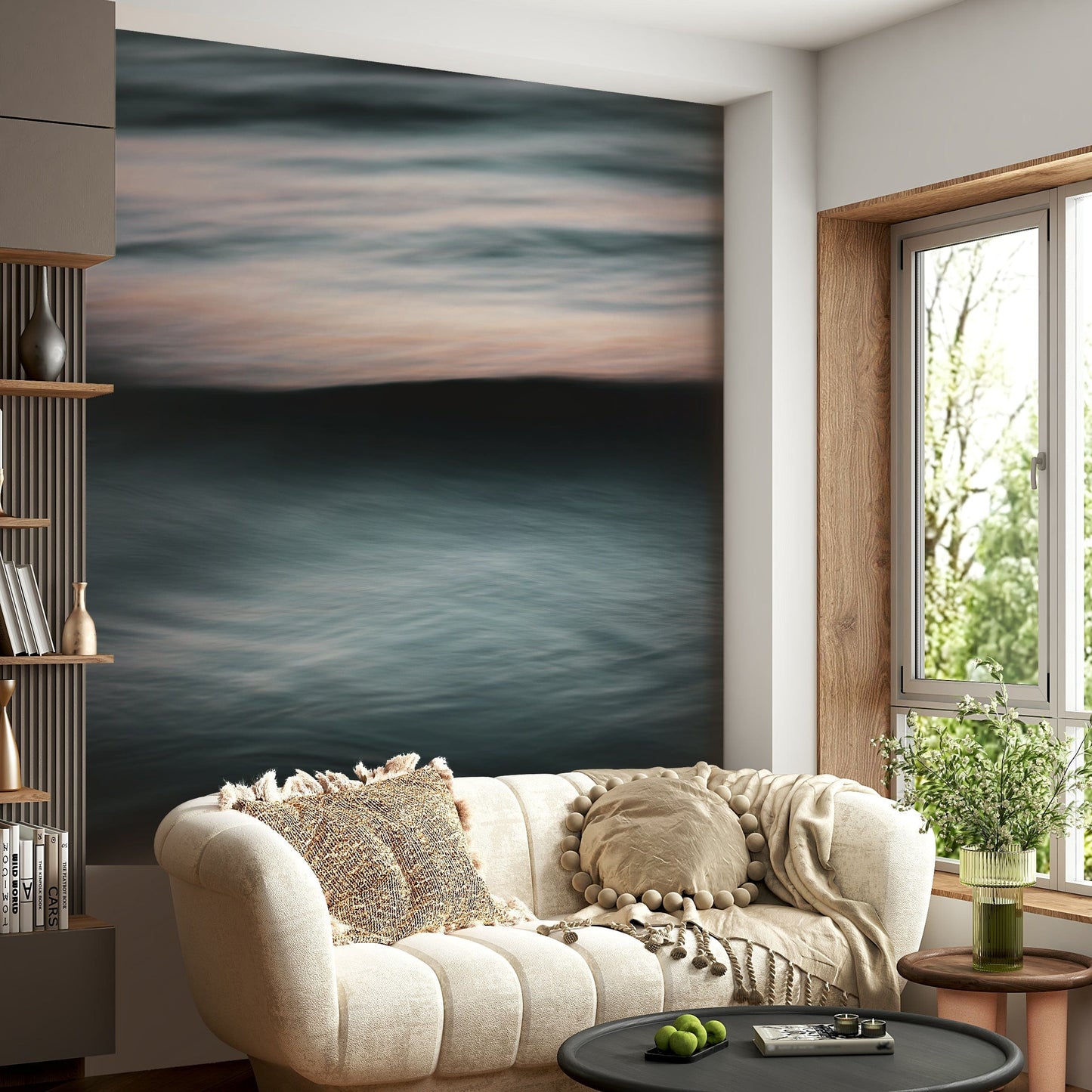The peel and stick wallpaper on a smooth wall surface.

