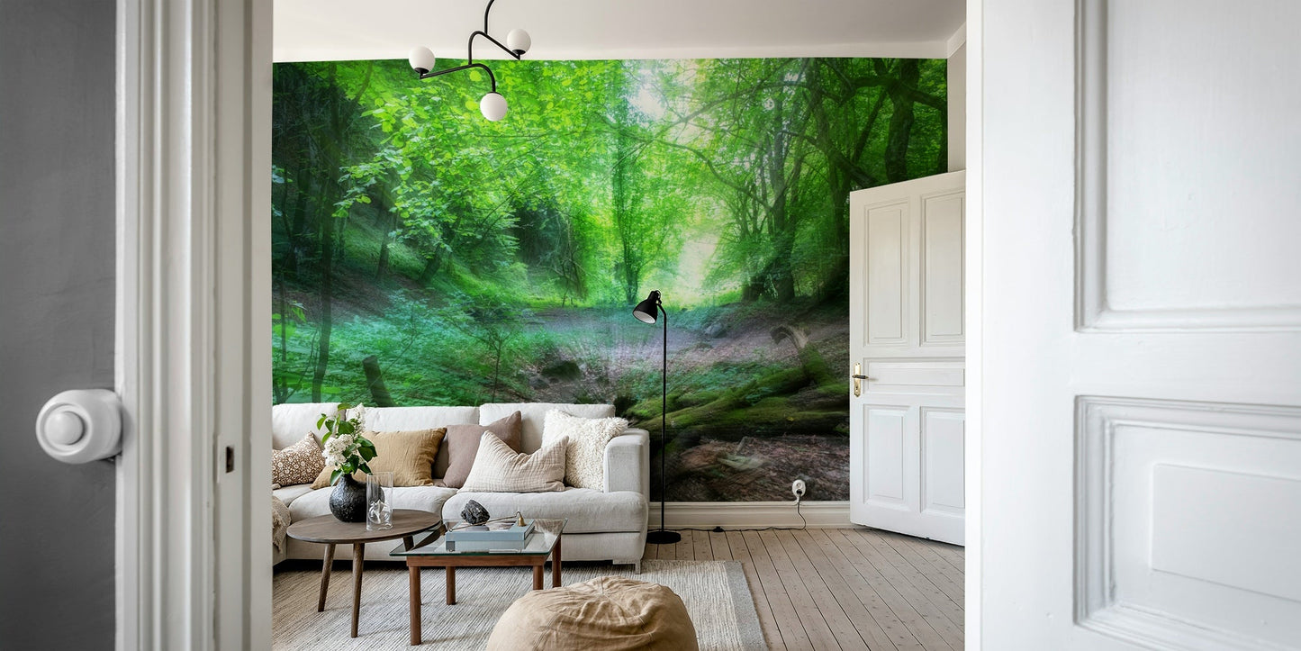 Calm green forest wall wallpaper
