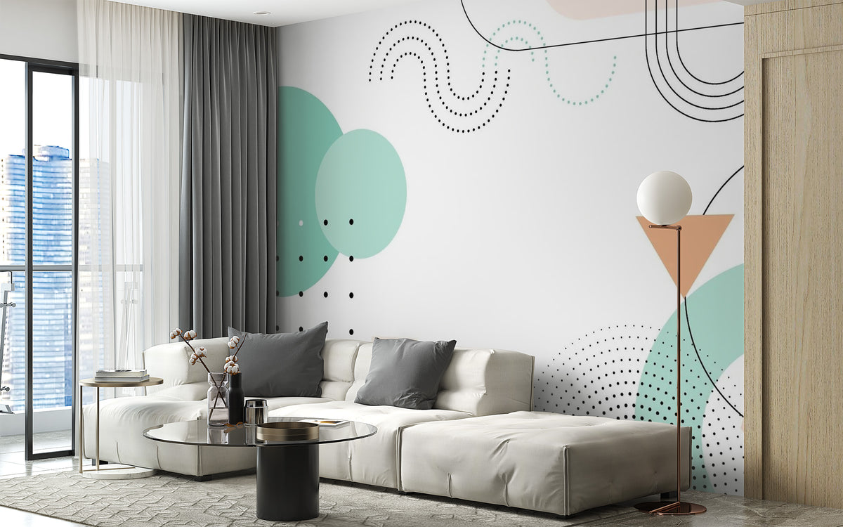 Geometric Shapes wallpaper mural styled along a hallway feature wall near a console in white tones