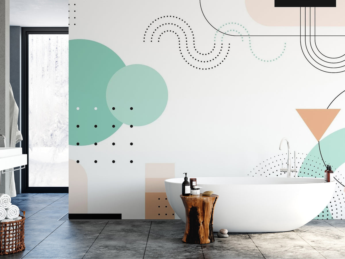Geometric Shapes wallpaper mural as a feature wall in a home office workspace in white tones