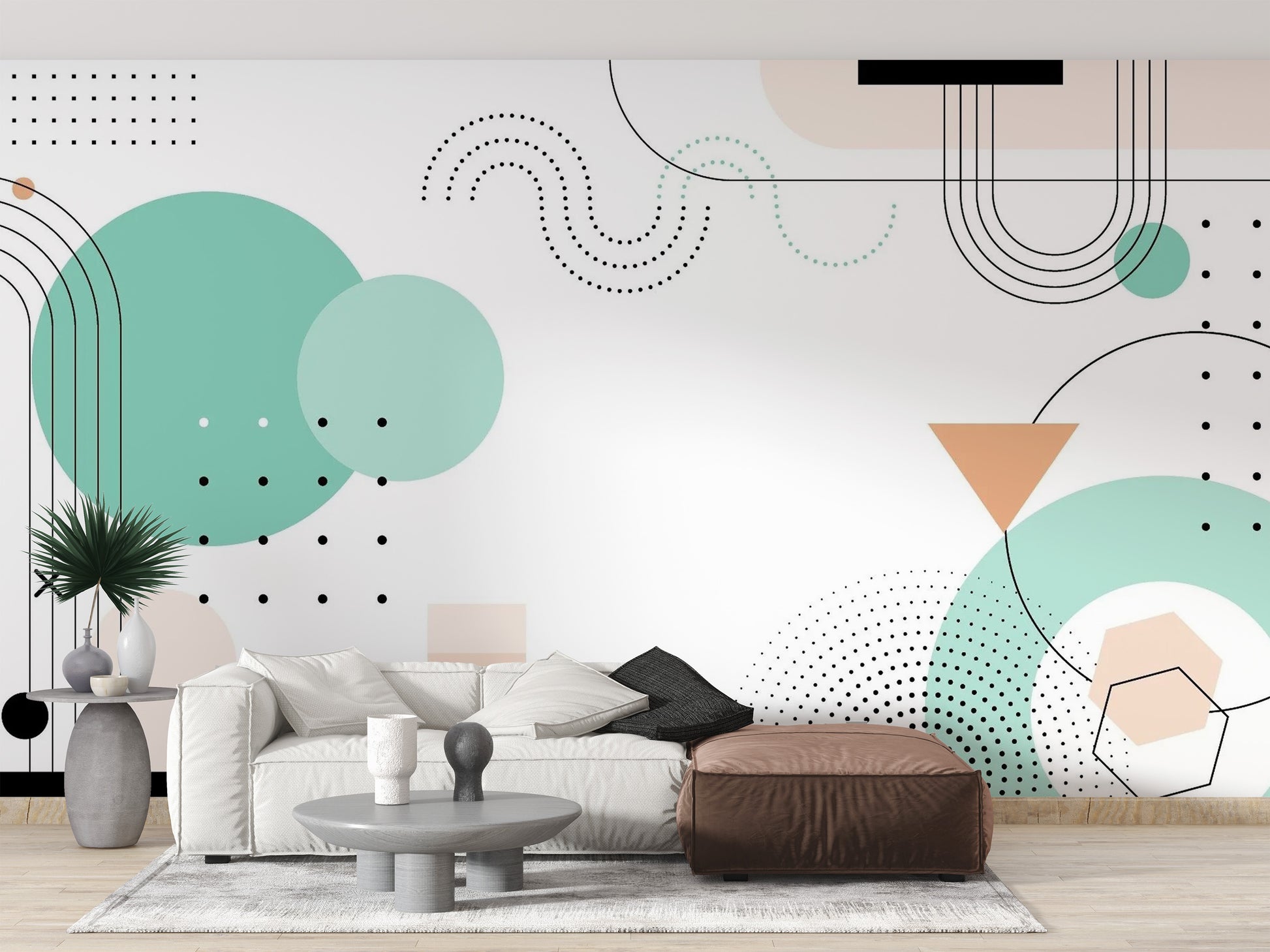 Geometric Shapes wallpaper mural styled as a feature wall behind a dining table and chairs in white tones