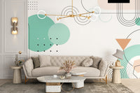 Geometric Shapes wallpaper mural as a bedroom feature wall behind the headboard in white tones