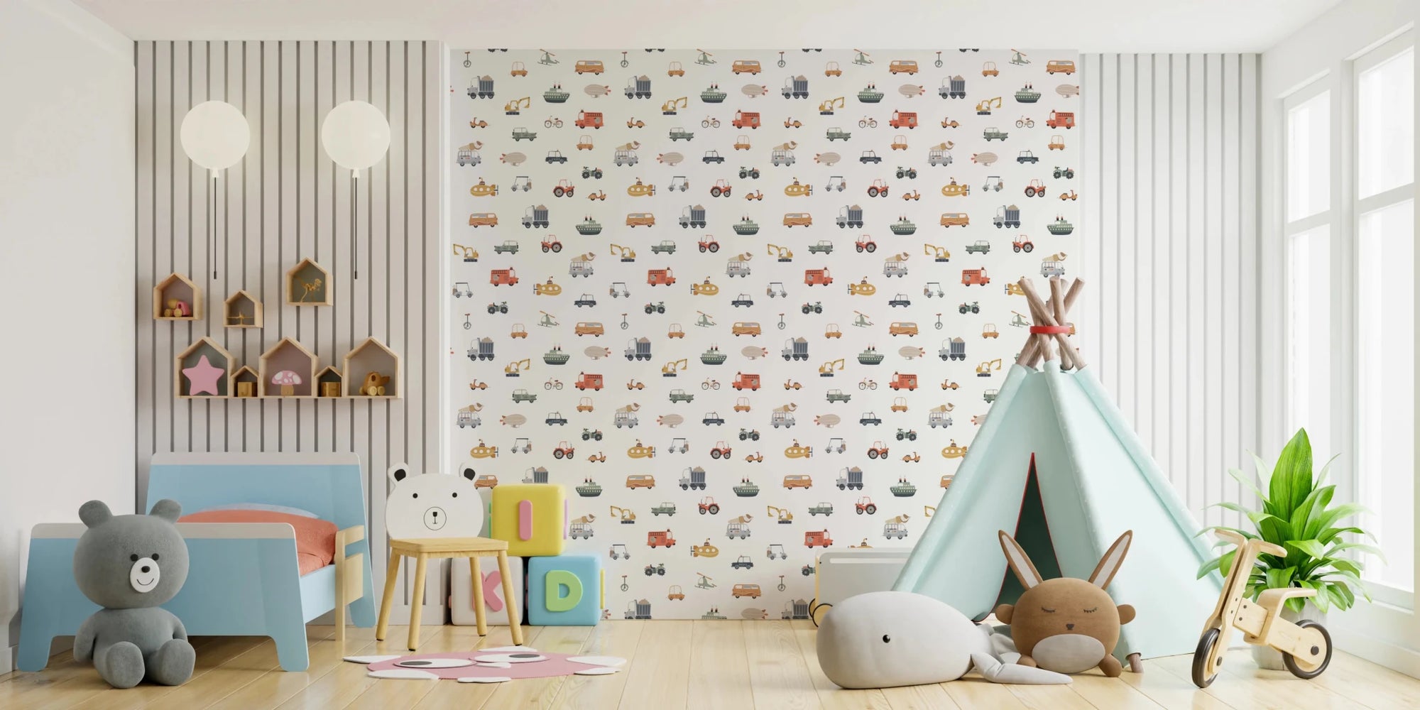 Transportation Fun wallpaper mural in a kids room with a blue toddler bed and mint teepee, muted vehicles on white