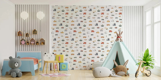 Transportation Fun wallpaper mural in a kids room with a blue toddler bed and mint teepee, muted vehicles on white
