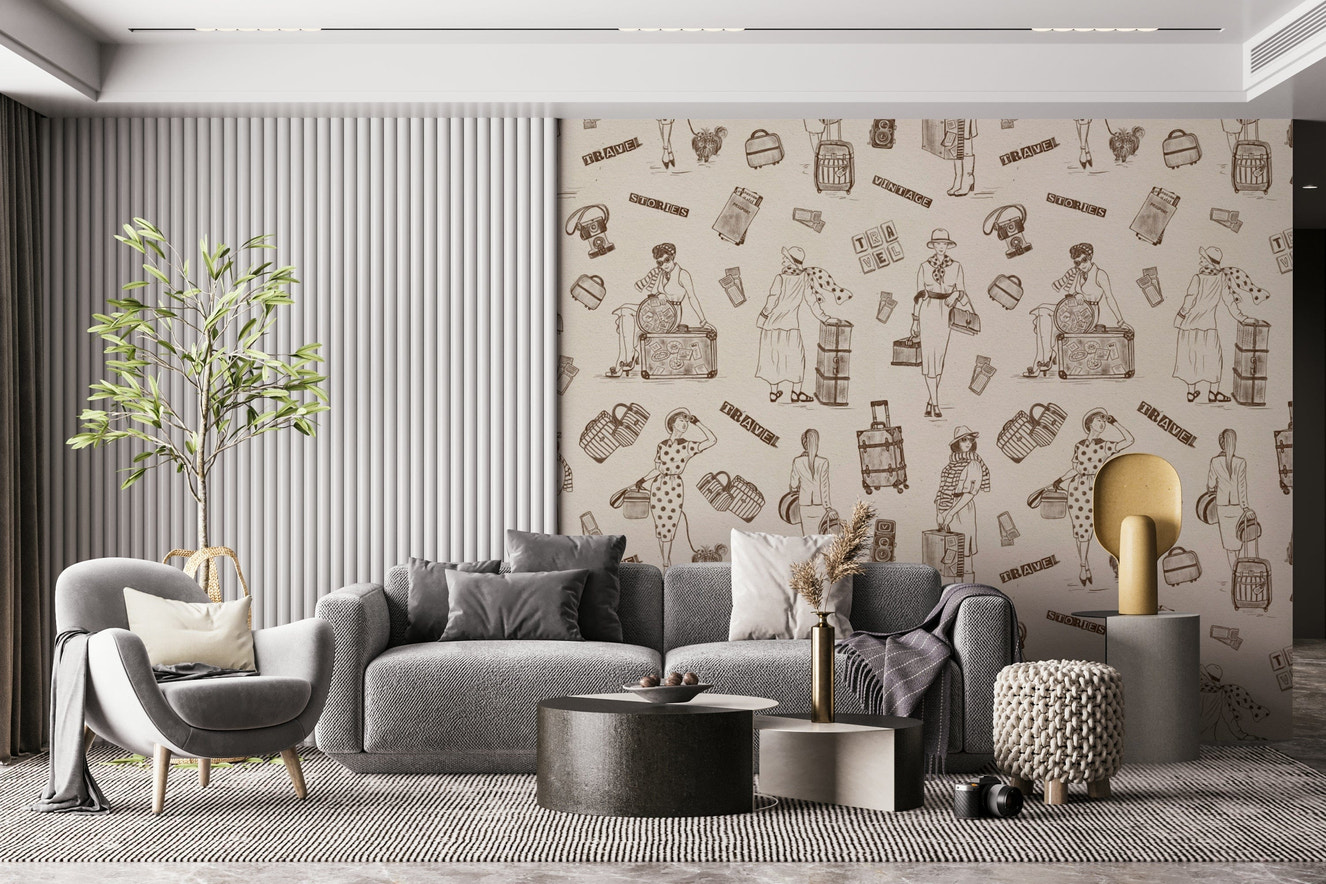 Hand-drawn travel icons and landmarks creating a storytelling-style wallpaper.