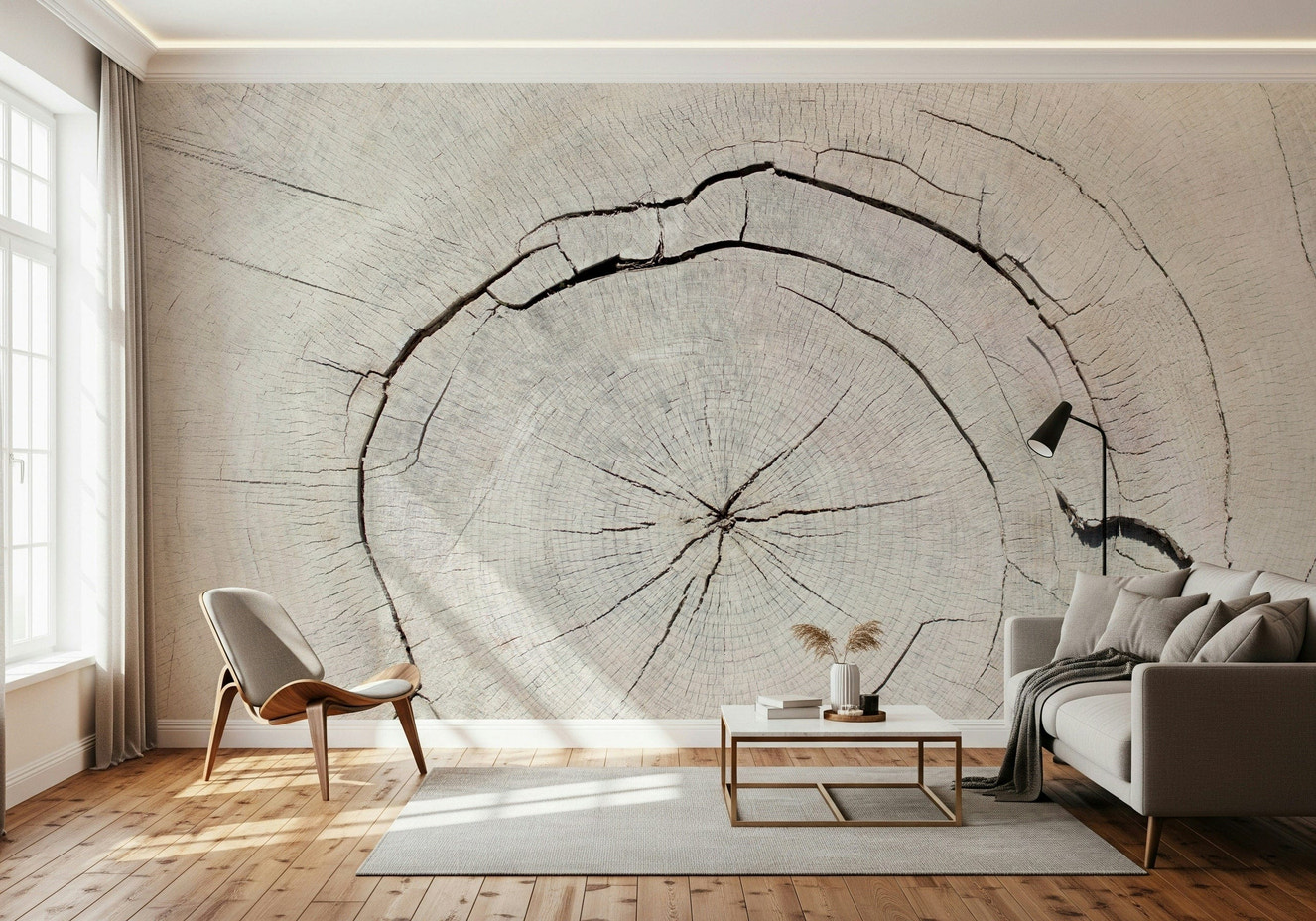 Tree mural in modern living room, earthy green tones, nature wall decor for feature wall