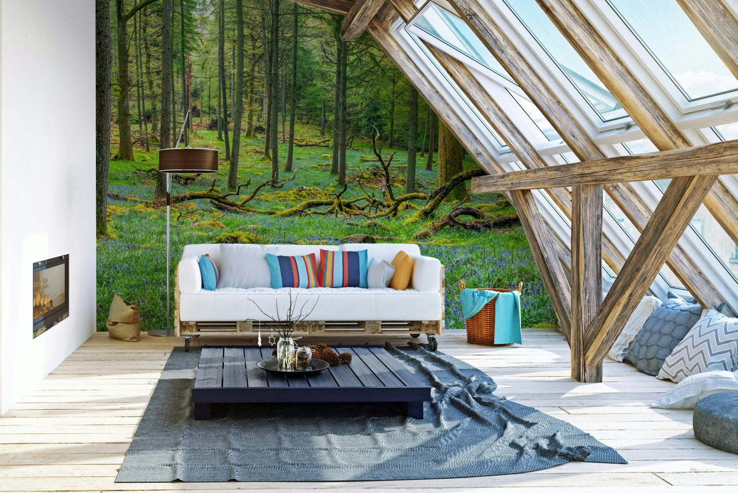 The mural is installed in a modern, quiet living room.

