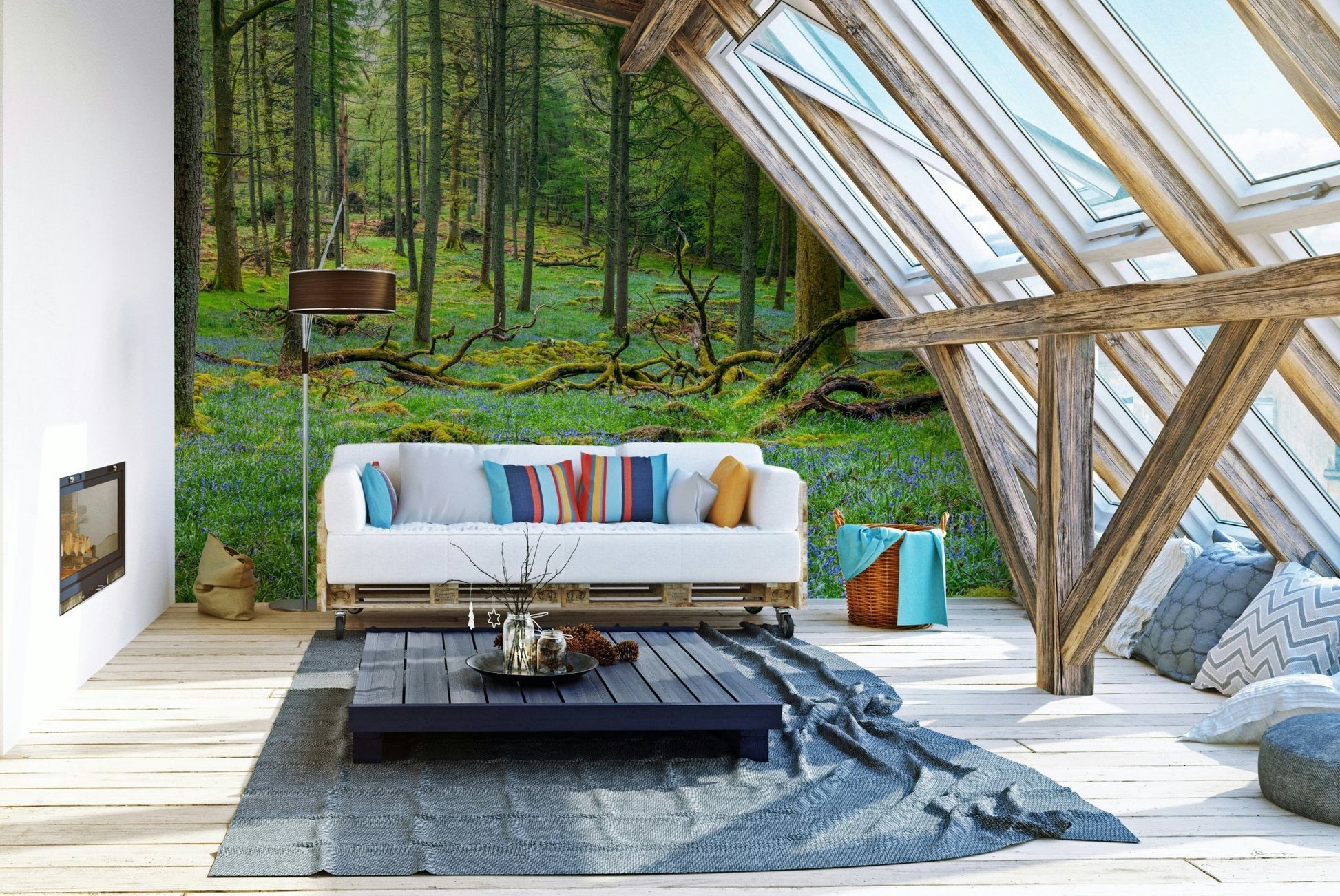 The mural is installed in a modern, quiet living room.


