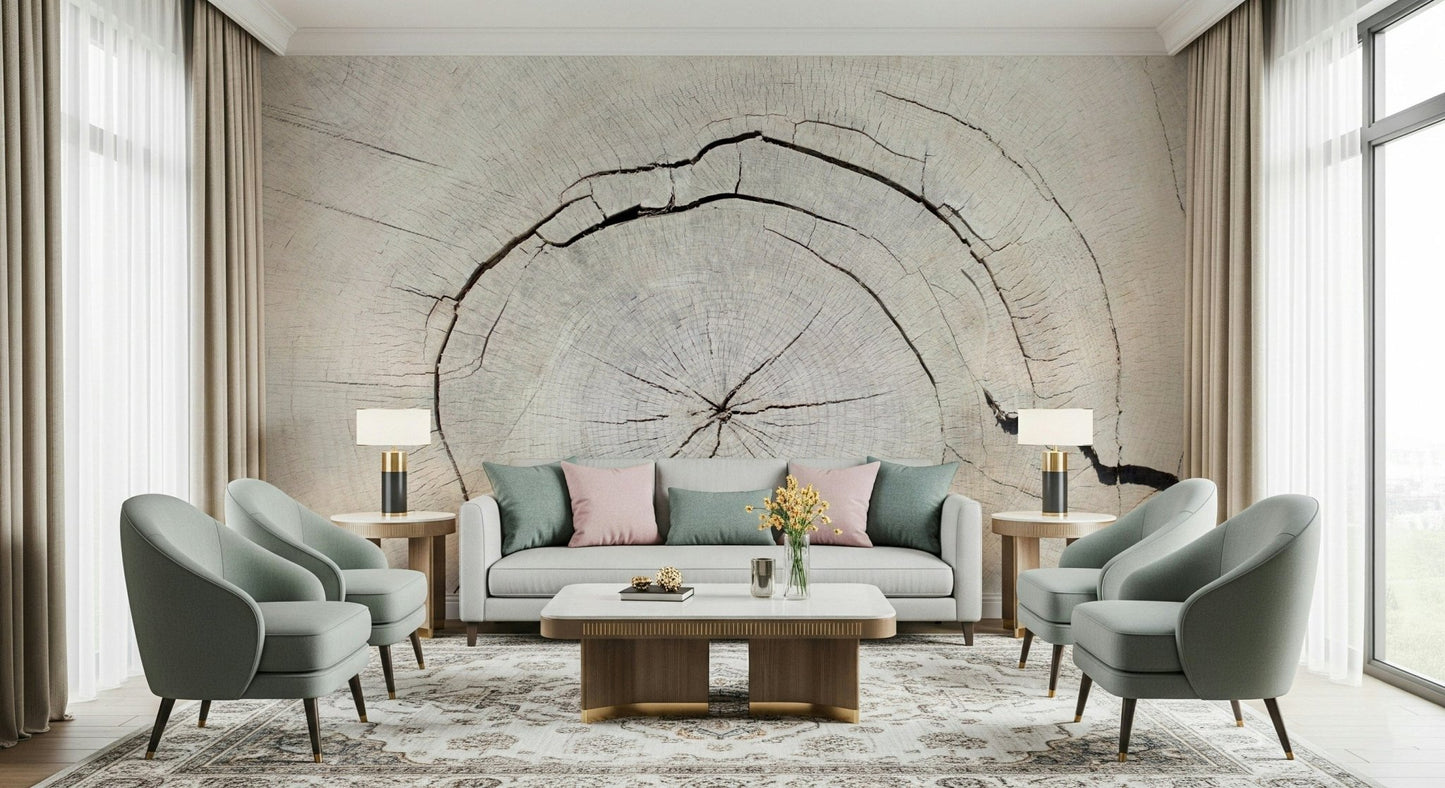 Tree silhouette mural on dining room wall, modern nature theme, warm neutral wall decor