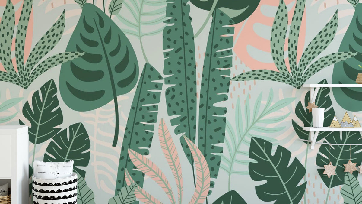 Trendy Green Leaves wallpaper mural shown as a full feature wall that highlights the design
