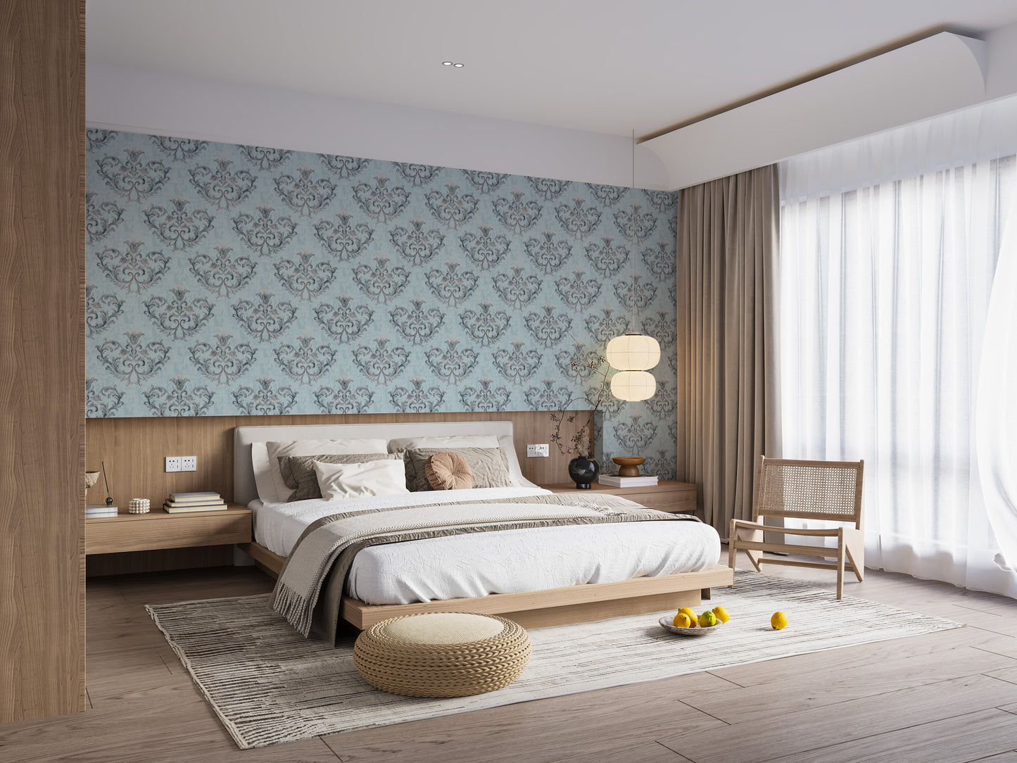 Grey Damask pattern wallpaper styled as a living room feature wall behind a sofa and seating