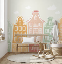 Kids' room decor wallpaper with Scandinavian building style