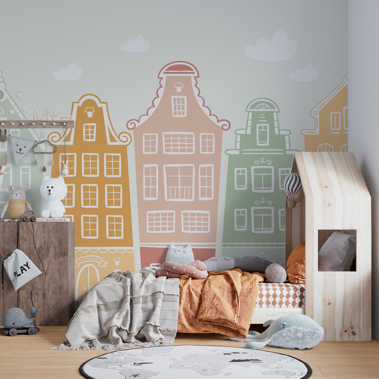 Trendy Kids Room Building Wallpaper Murals in pastel colors