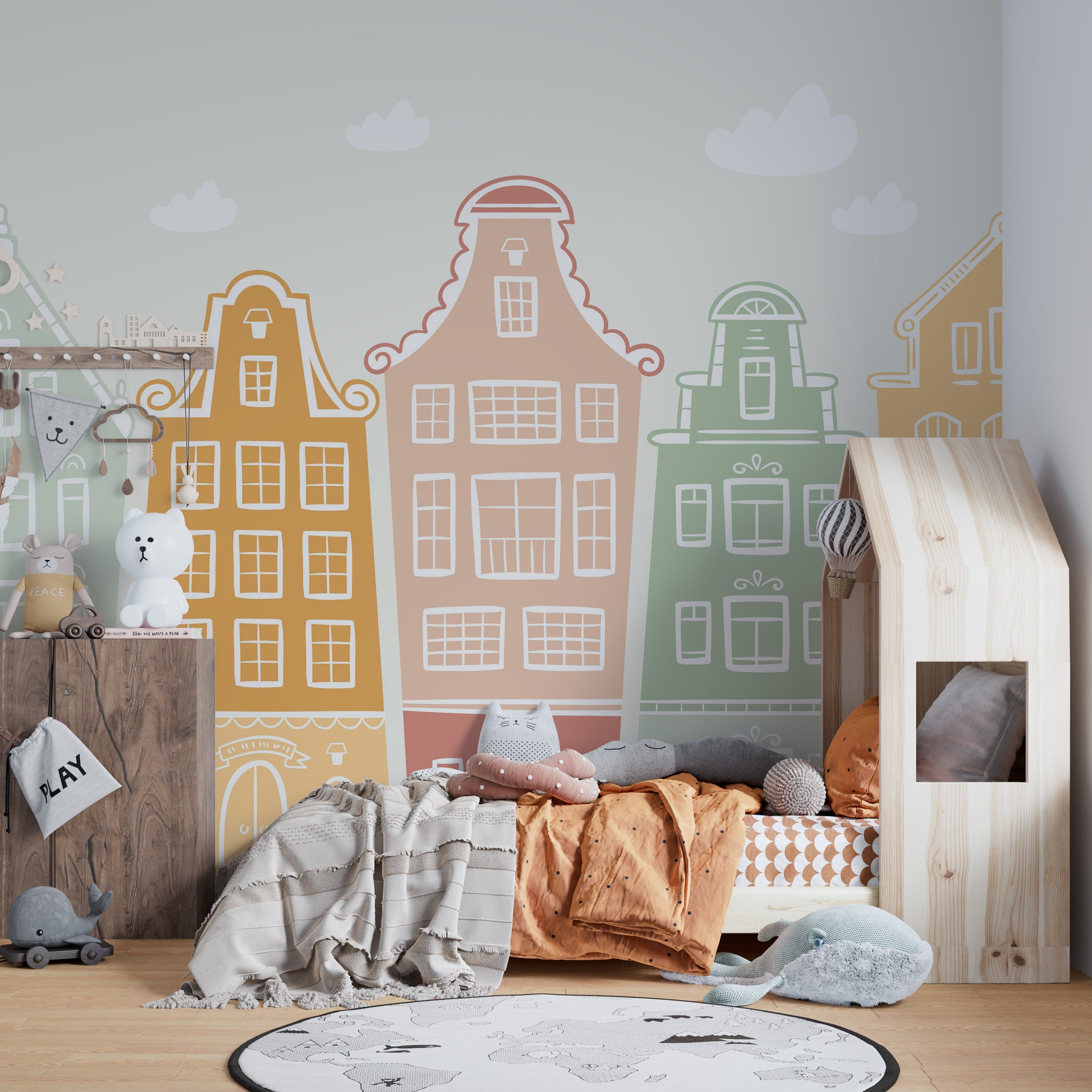 Trendy Kids Room Building Wallpaper Murals in pastel colors