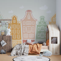 Trendy Kids Room Building Wallpaper Murals in pastel colors