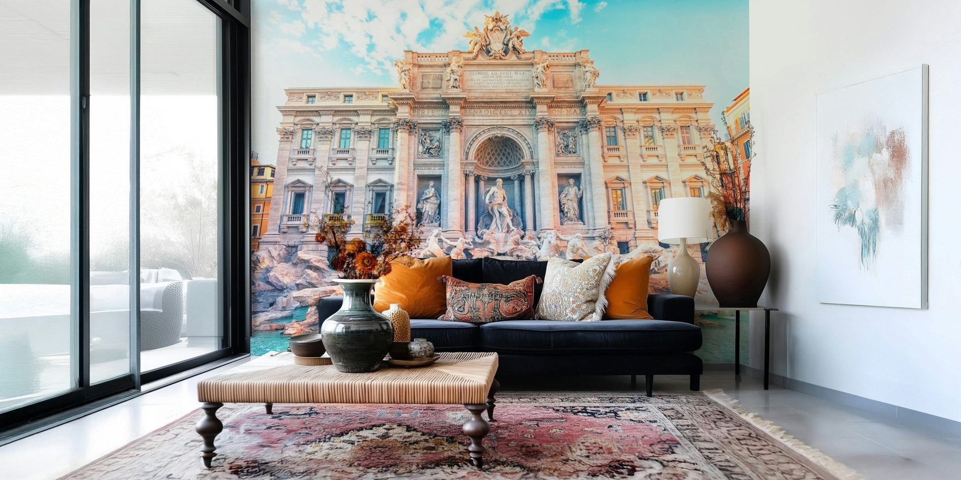 Trevi-inspired turquoise wallpaper in bedroom, fountain and stone details above bed
