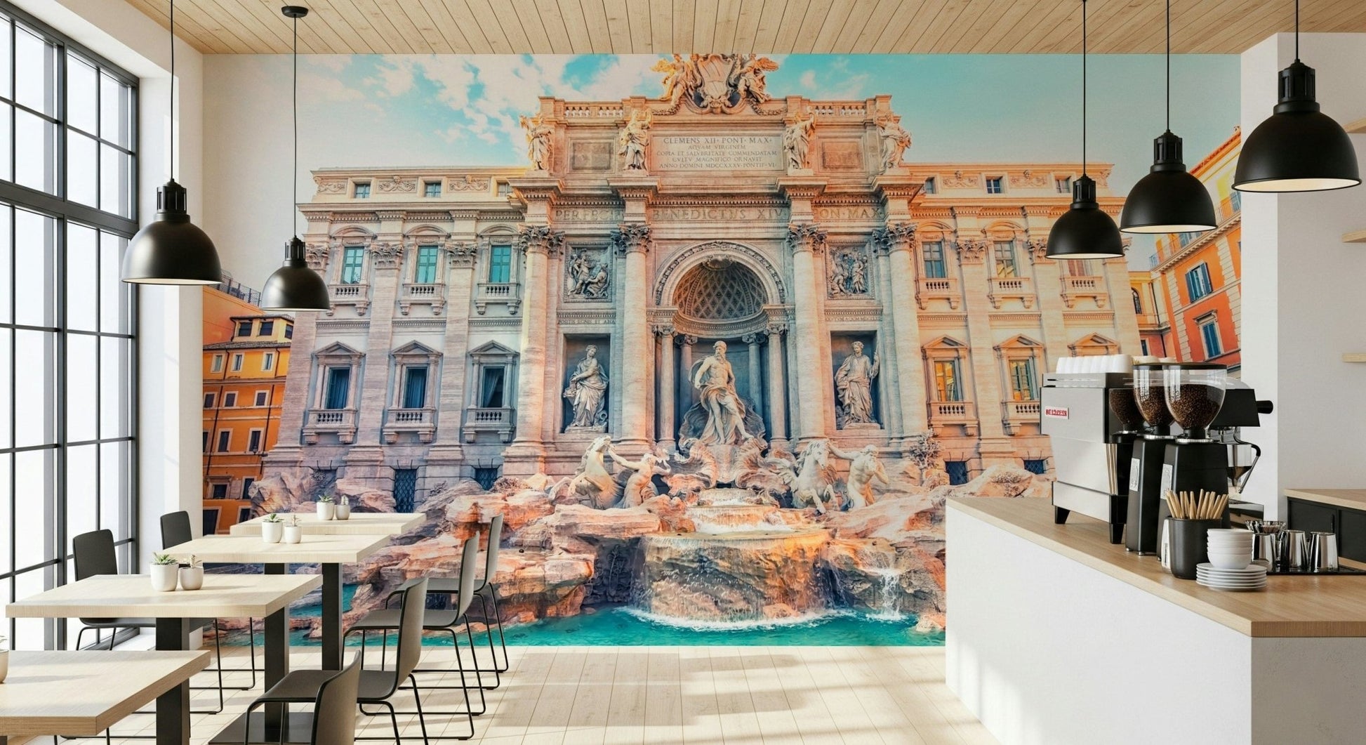 Turquoise Trevi mural behind TV unit, statement wall with fountain detail