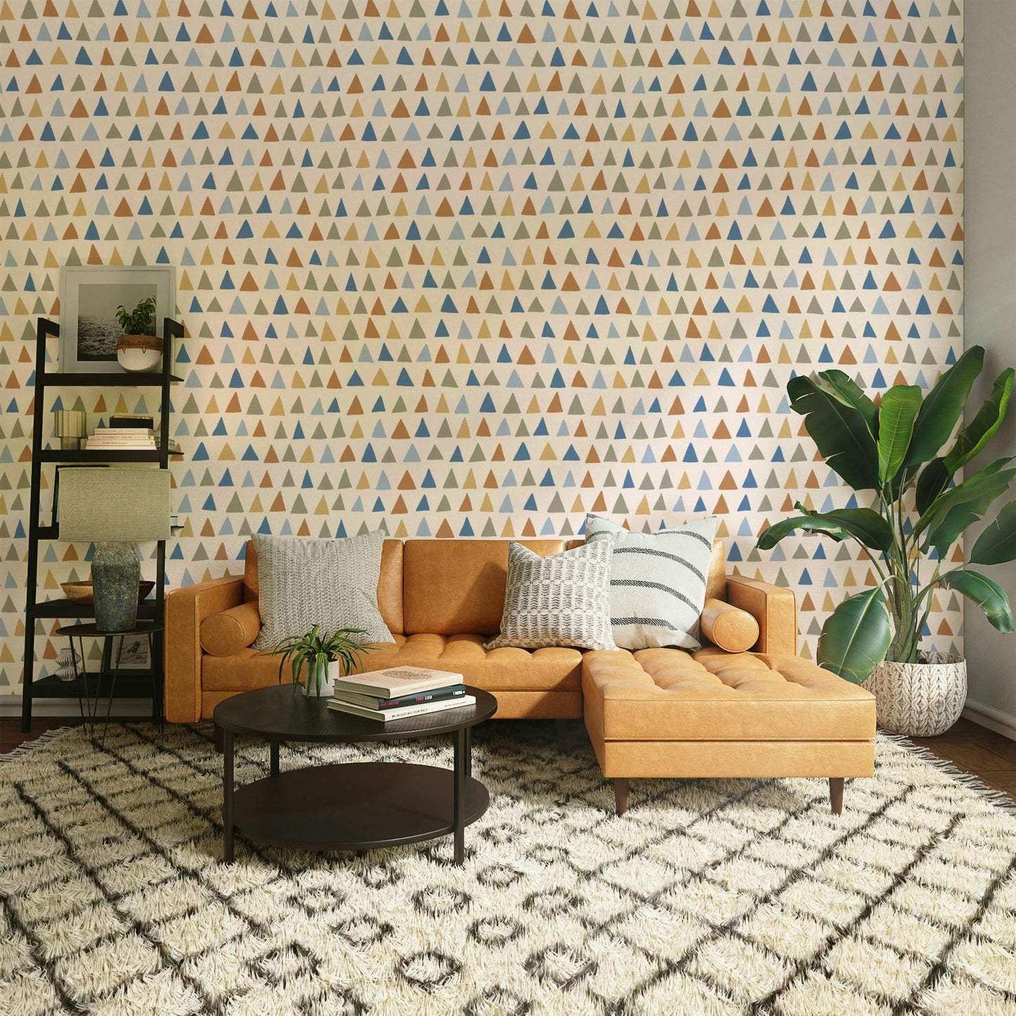 Multicolor triangle wallpaper mural for kids' rooms and studios.

