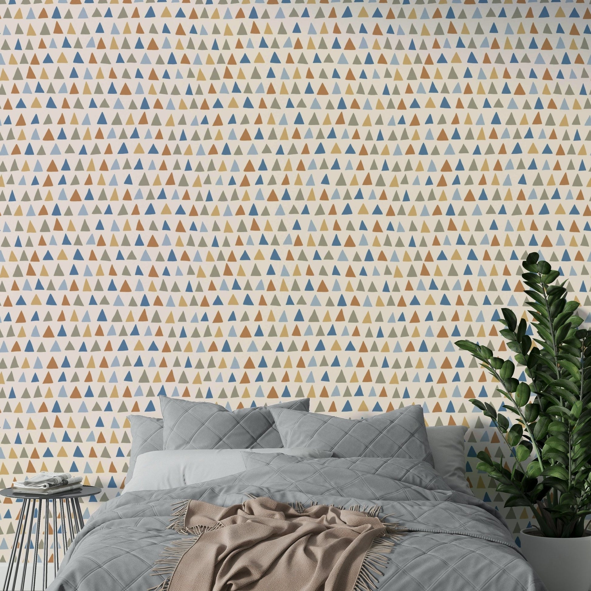 Bohemian-style triangle pattern wallpaper for cozy, creative spaces.

