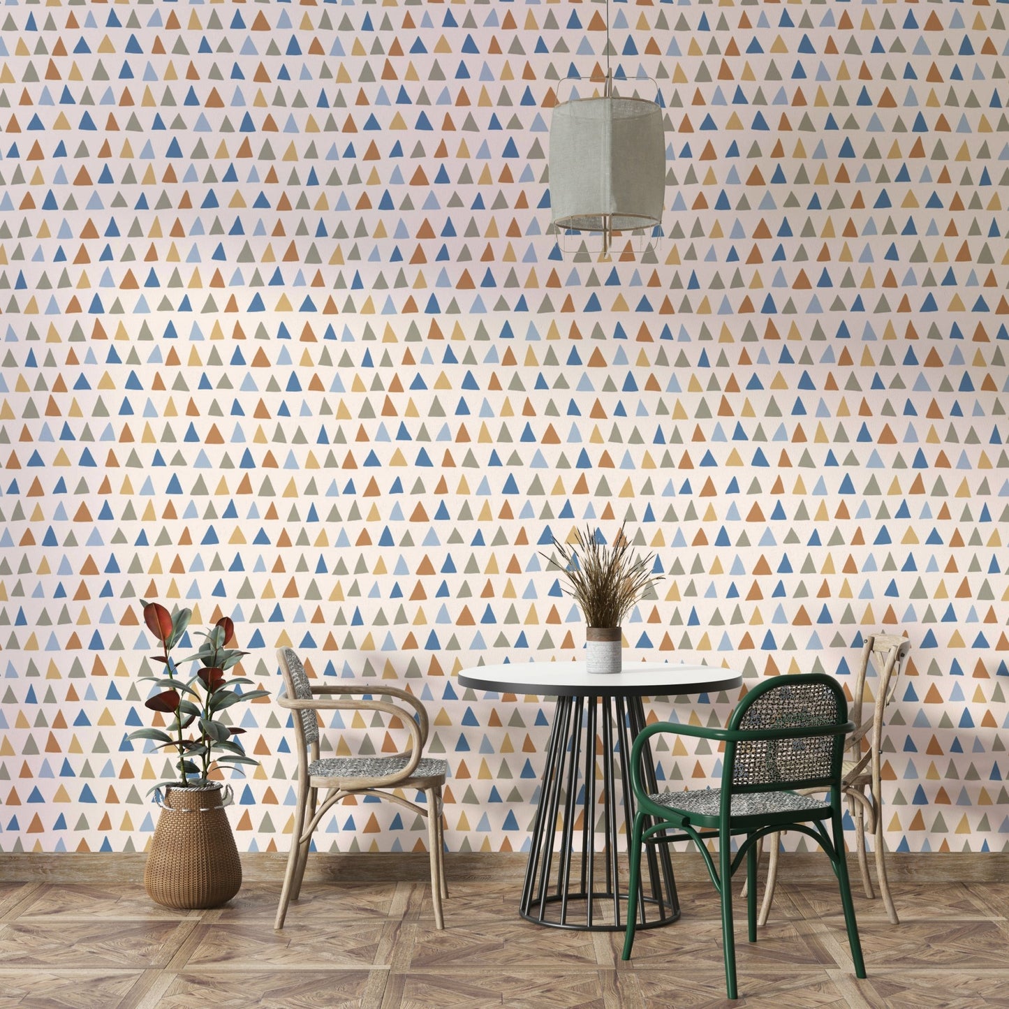 Hand-drawn triangle pattern wallpaper in mixed colors and boho style.


