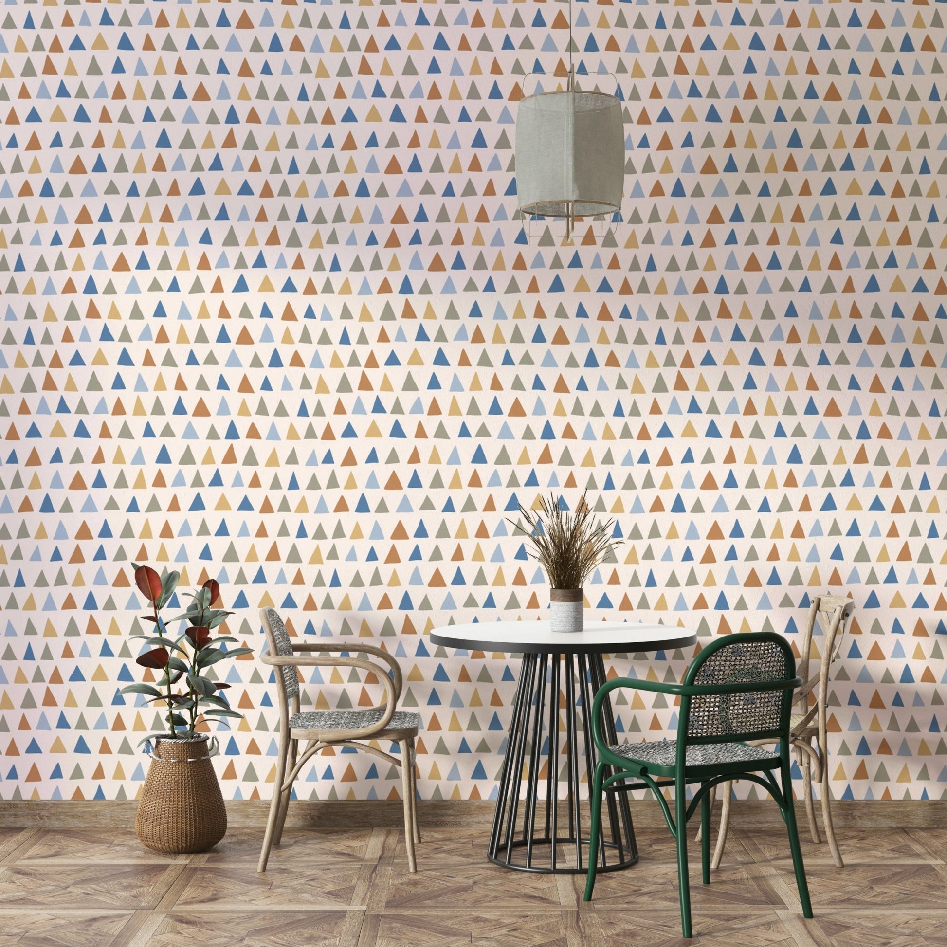 Hand-drawn triangle pattern wallpaper in mixed colors and boho style.

