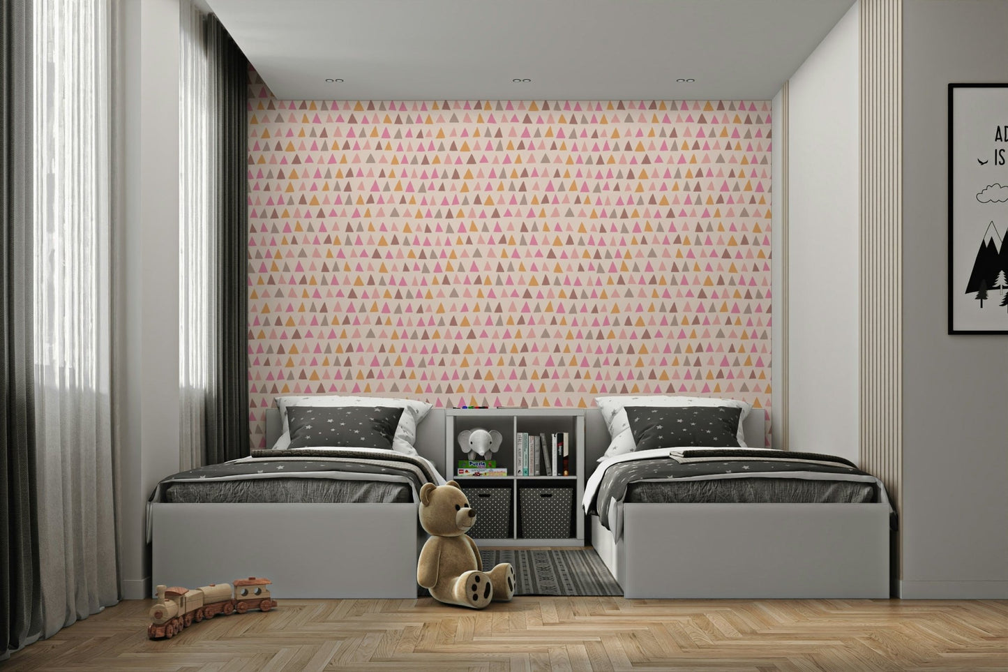 Pink triangle wallpaper for kids’ rooms or cozy corners.

