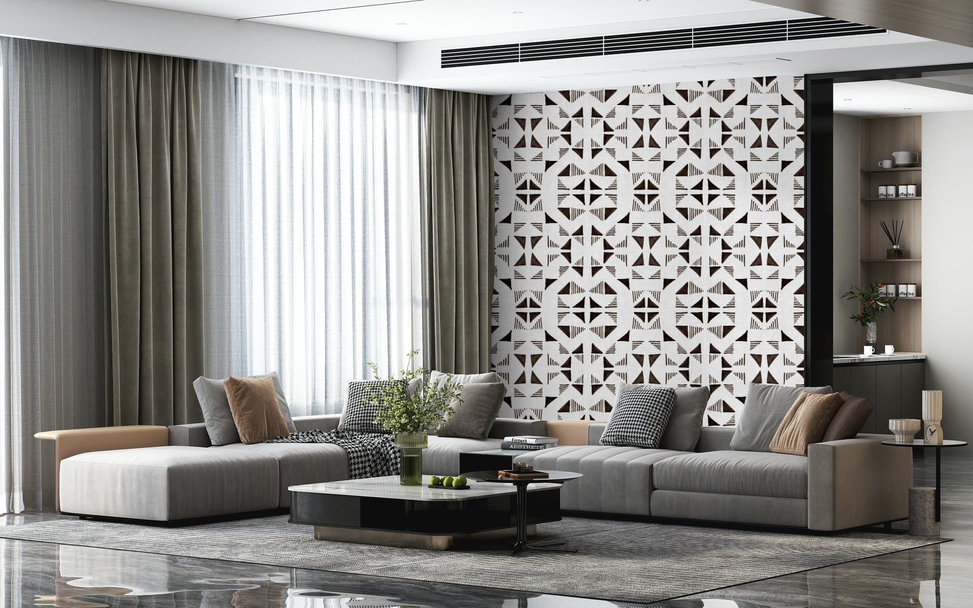Modern geometric wall mural with layered triangles in deep brown and warm neutral shades.