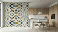 Contemporary geometric wallpaper featuring forest-inspired triangles and organic wood tones.