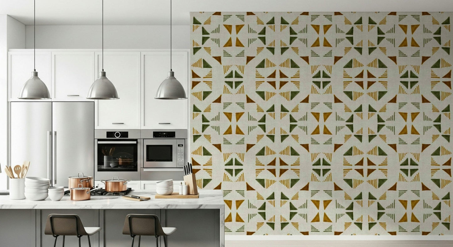 Geometric wallpaper featuring triangles in rich foliage colors for a nature-inspired look.