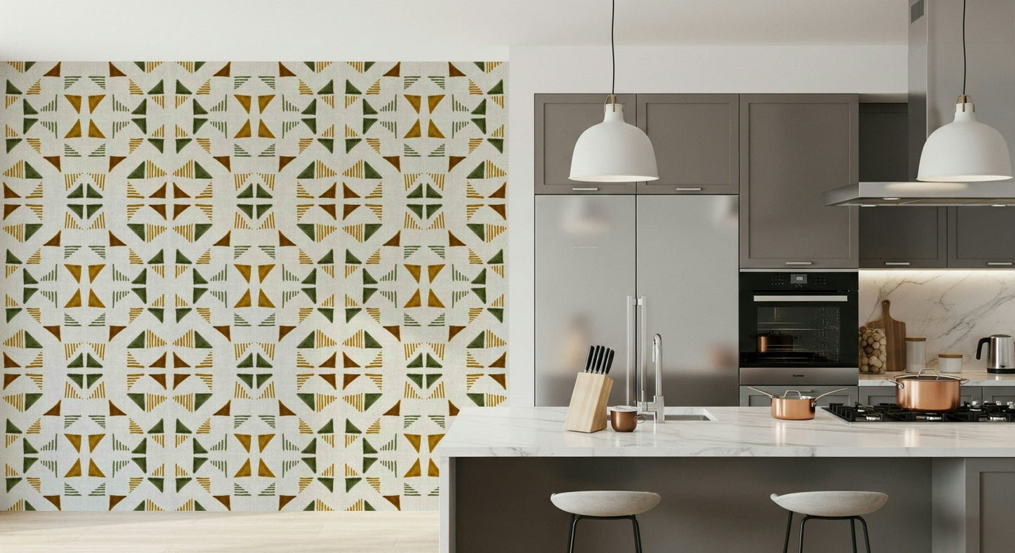 Abstract geometric wall mural with layered triangles inspired by leaves and natural textures.