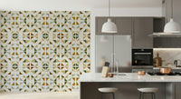 Abstract geometric wall mural with layered triangles inspired by leaves and natural textures.