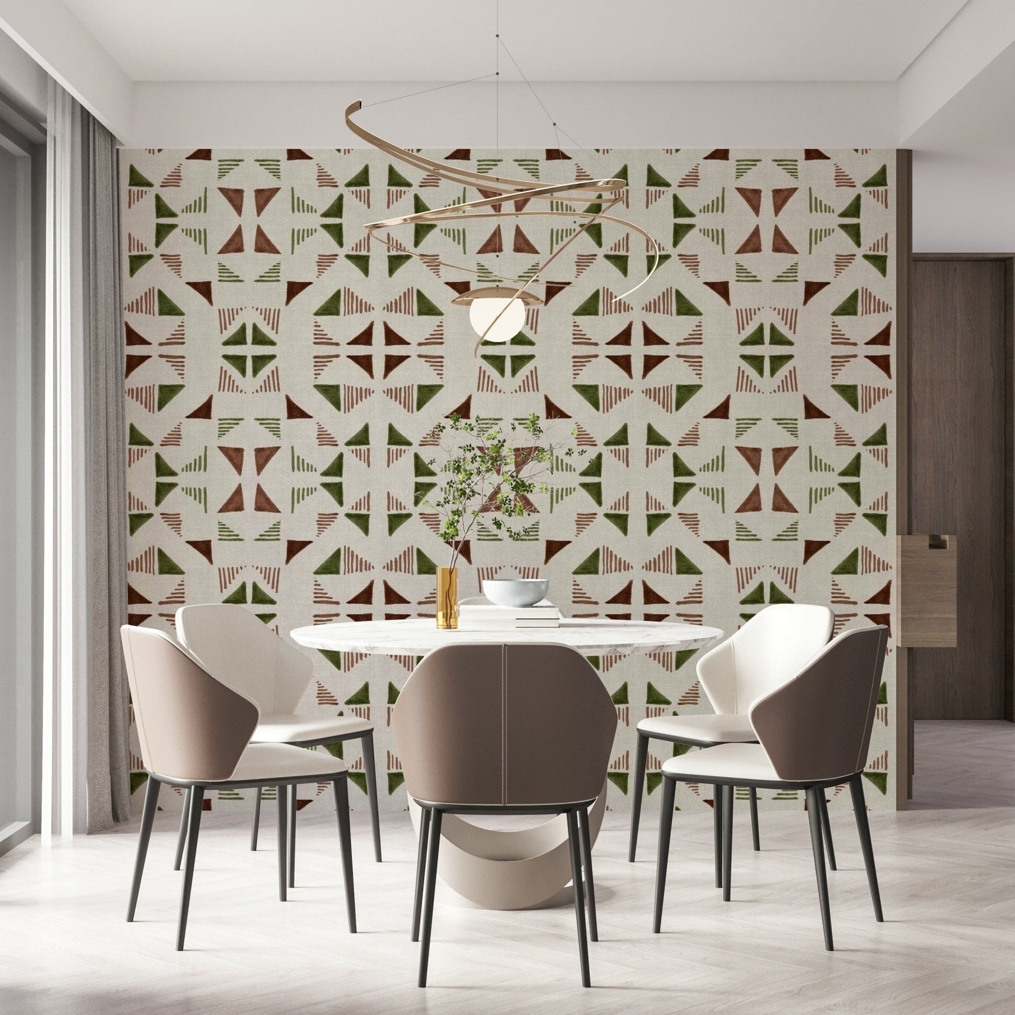 Triangles Composition Forest wallpaper behind a round marble dining table with cream chairs and a gold pendant light