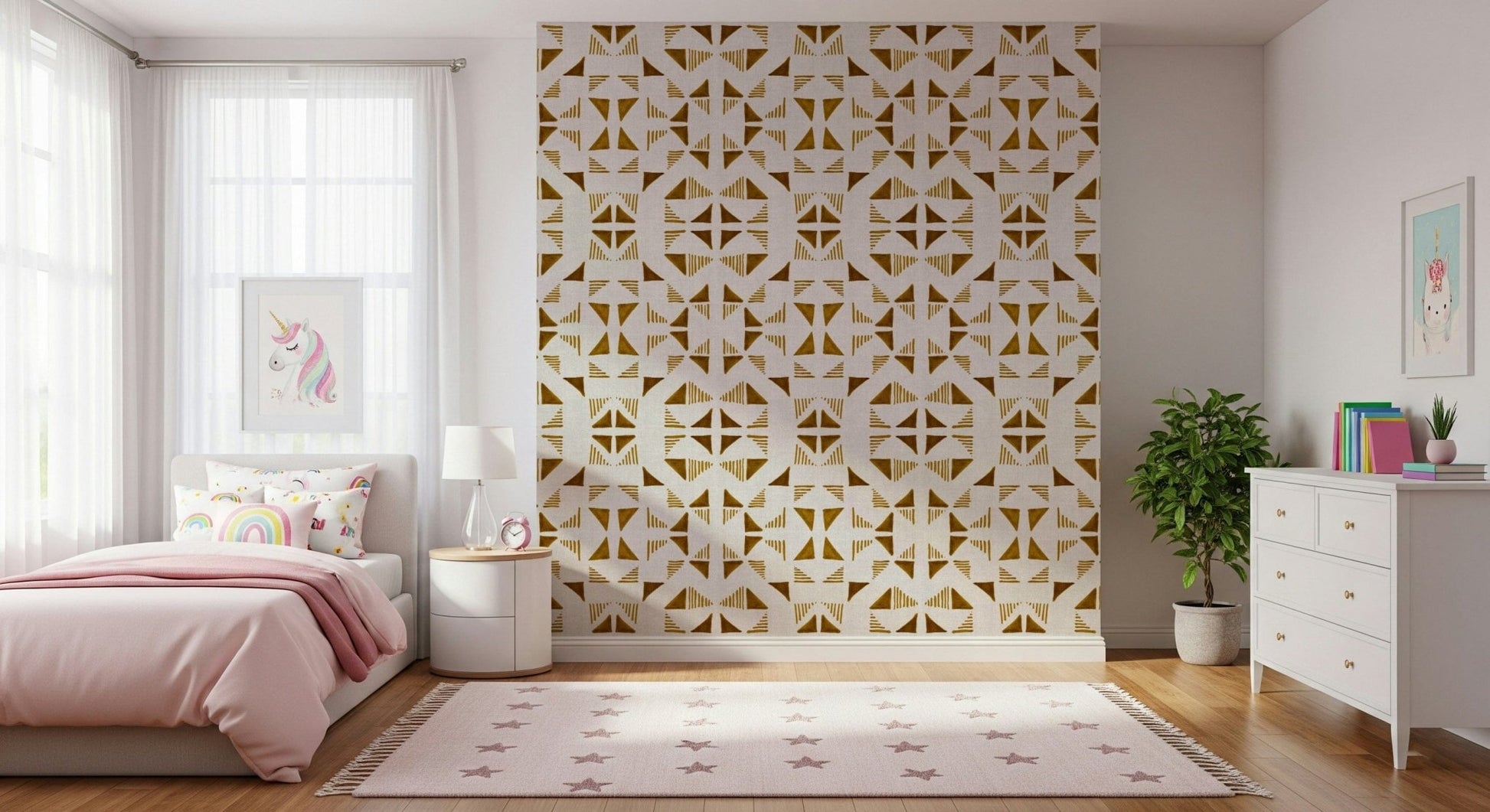 Triangles Composition Golden Wallpaper featuring geometric triangles in warm gold and beige tones.