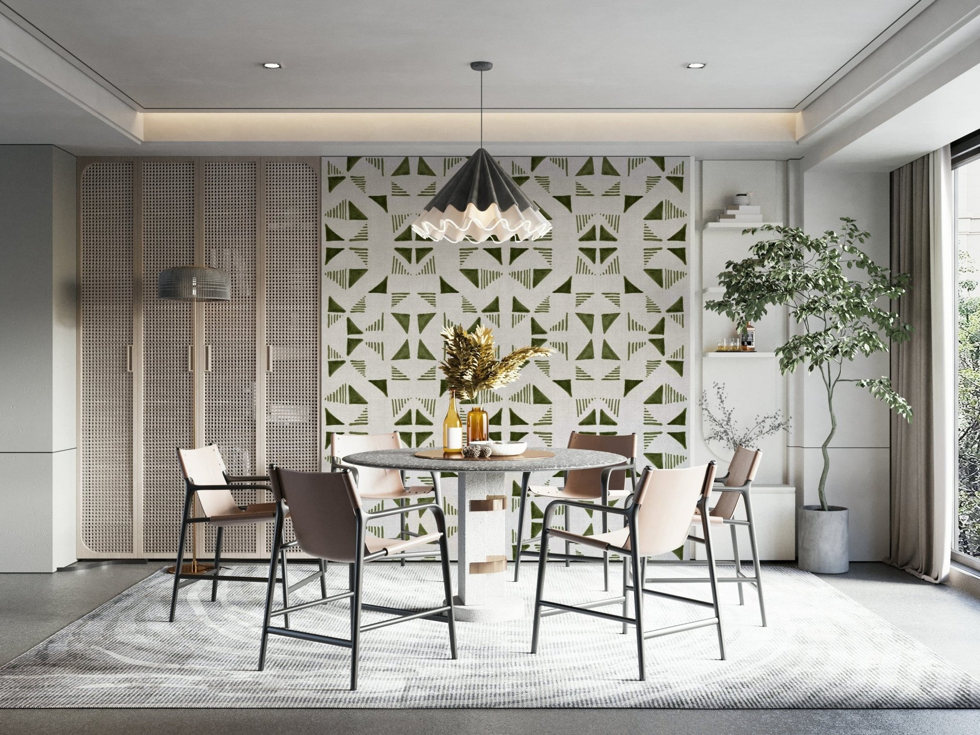 Abstract triangle pattern wallpaper in subtle olive hues for a fresh, contemporary look.