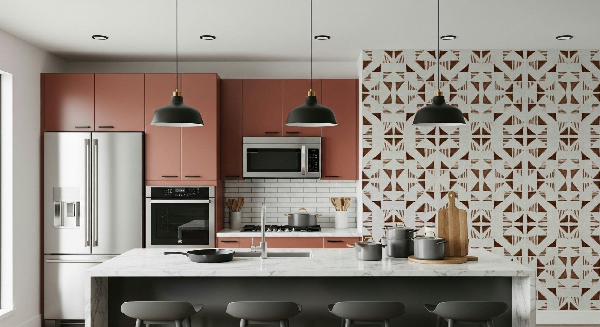 Modern mocha-toned triangle wallpaper creating a cozy and stylish accent wall.