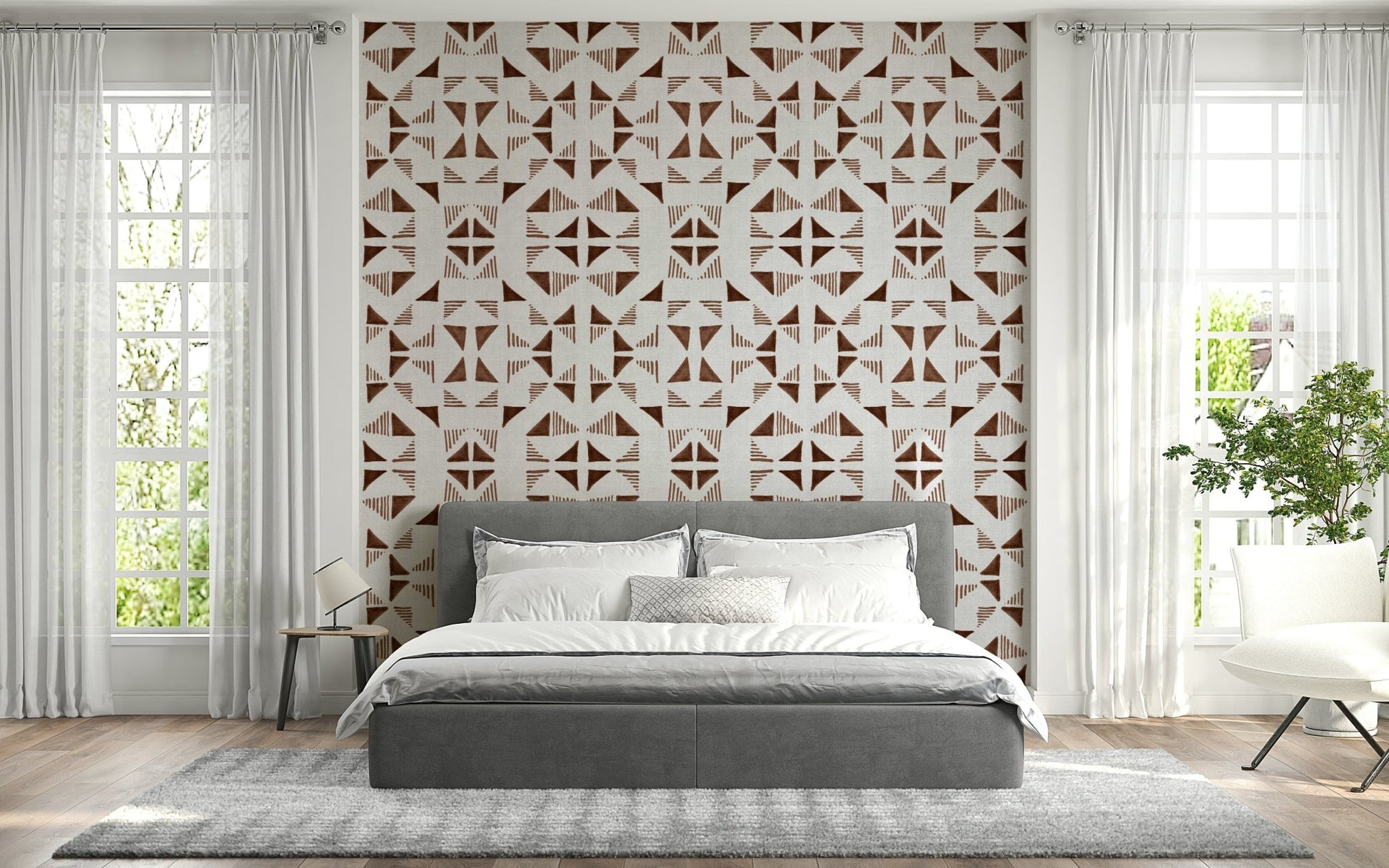 Modern geometric wall mural with layered triangles in soft coffee and chocolate shades.