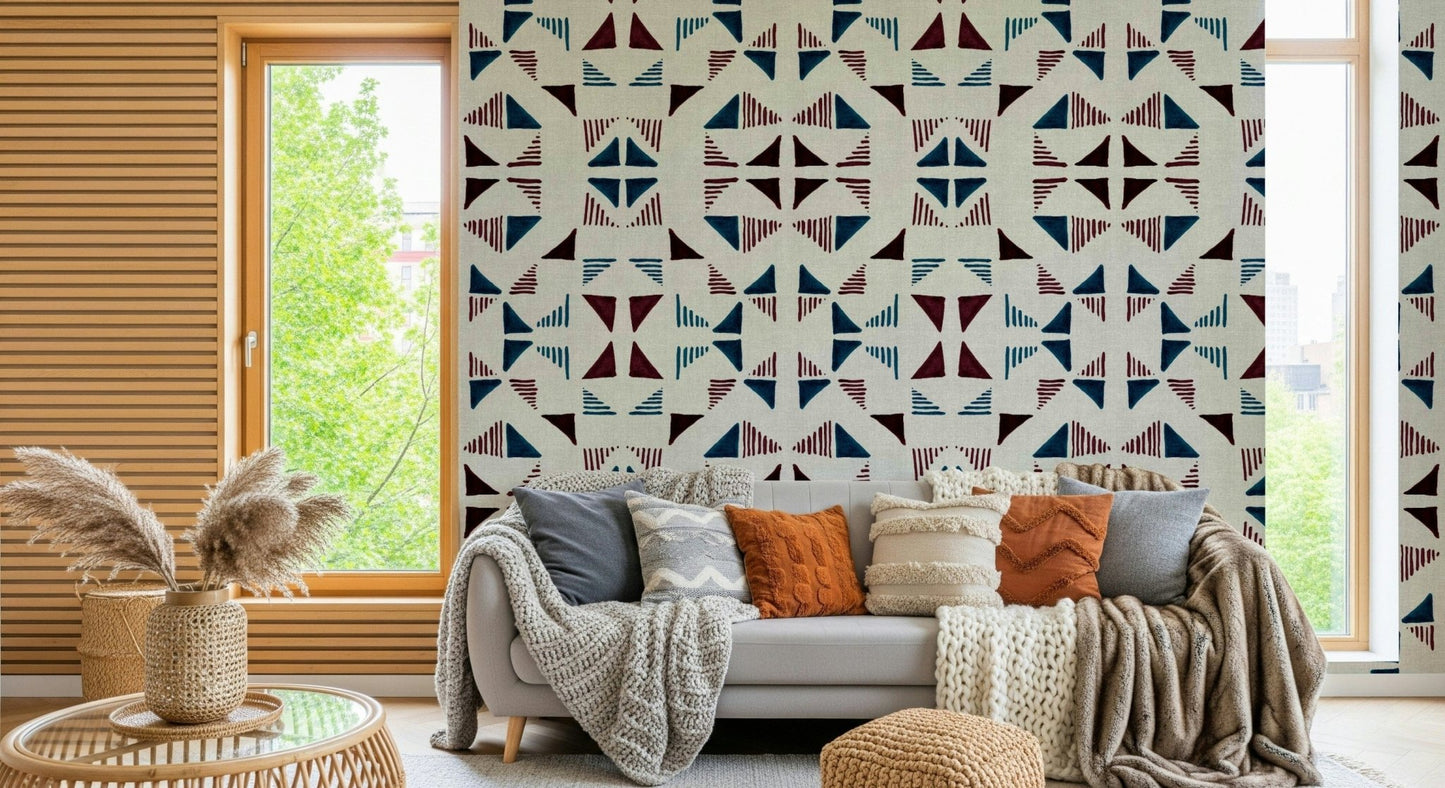 Geometric winter wall mural featuring abstract triangle shapes in cool blue and gray tones.