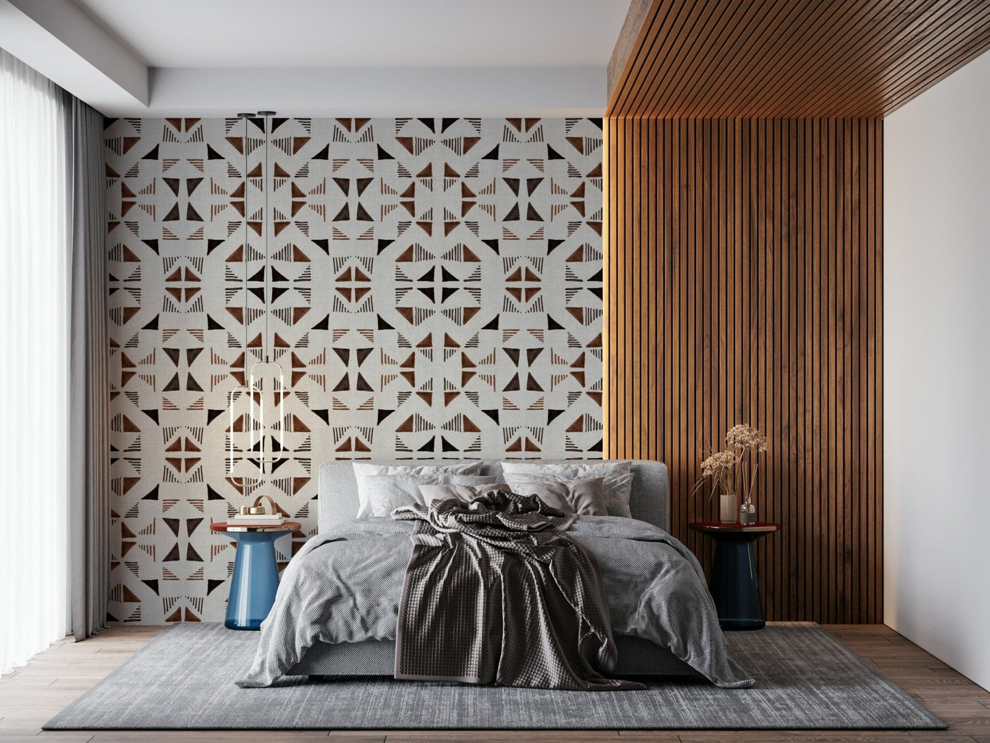 3D-effect triangle wood wallpaper featuring mixed shades of oak, walnut, and pine tones.