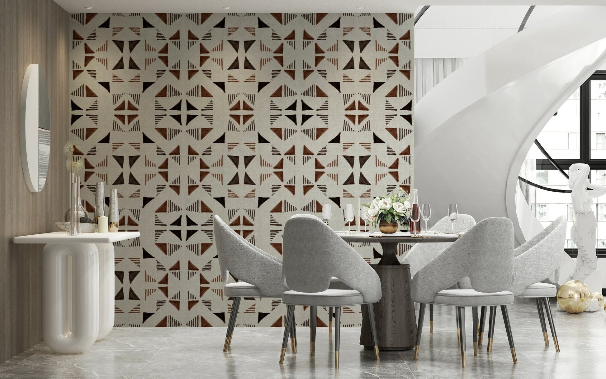 Triangle pattern wood mural with alternating grain directions for a handcrafted aesthetic.