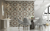 Triangle pattern wood mural with alternating grain directions for a handcrafted aesthetic.