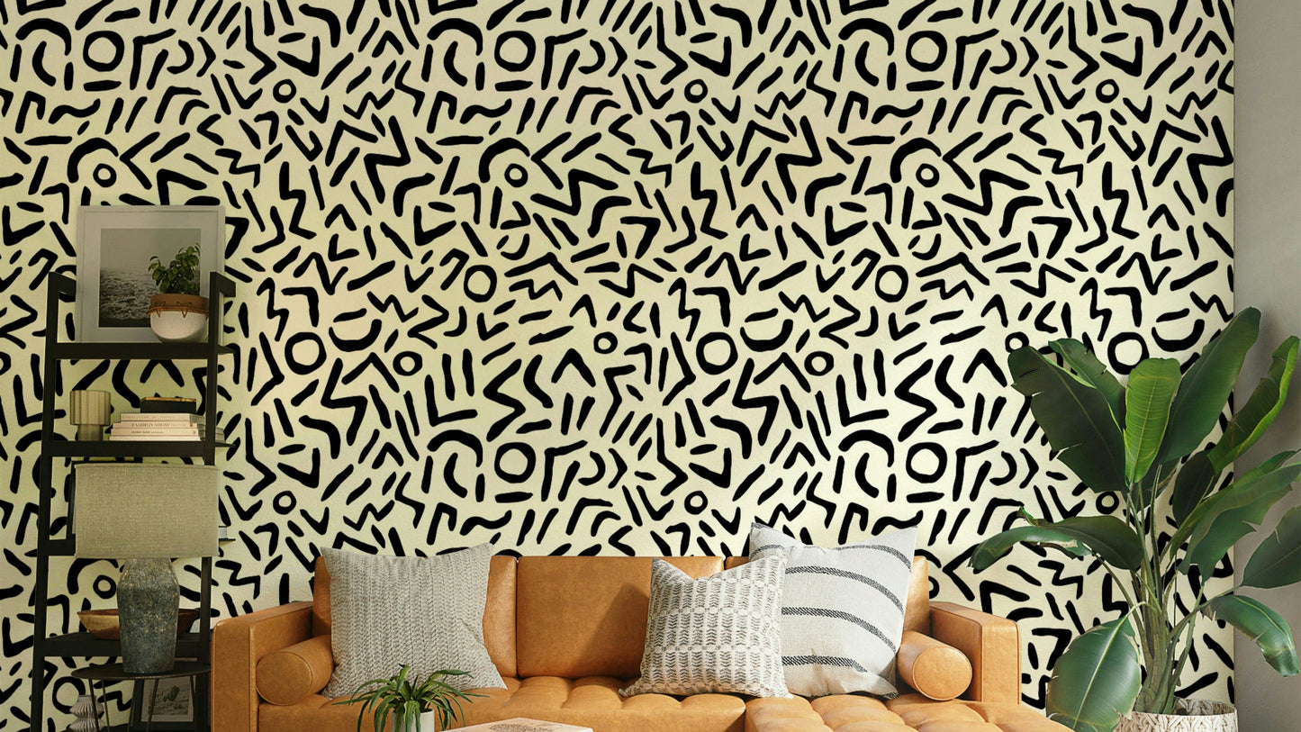 Retro art deco squiggles on cream background wallpaper
